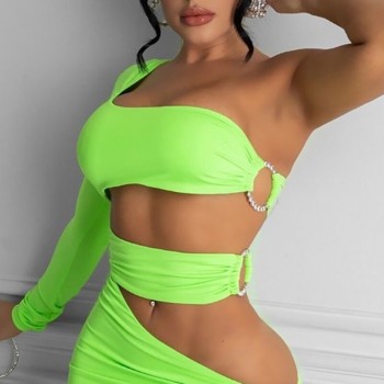 Green Party Night Club Dress Fashion One Shoulder O-Ring Cutout Holllow Out Ruched Corset 